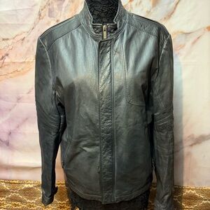 HUGO Black Lightweight Leather Motorcycle Jacket with‎ Stand-Up Collar